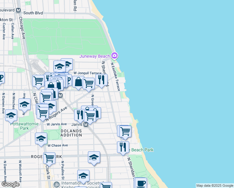map of restaurants, bars, coffee shops, grocery stores, and more near 7609 North Eastlake Terrace in Chicago