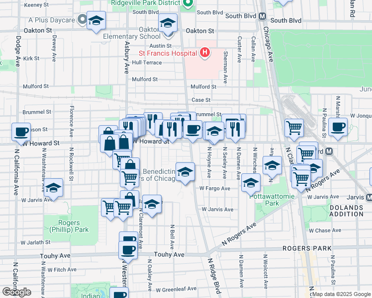 map of restaurants, bars, coffee shops, grocery stores, and more near 2219 West Howard Street in Chicago
