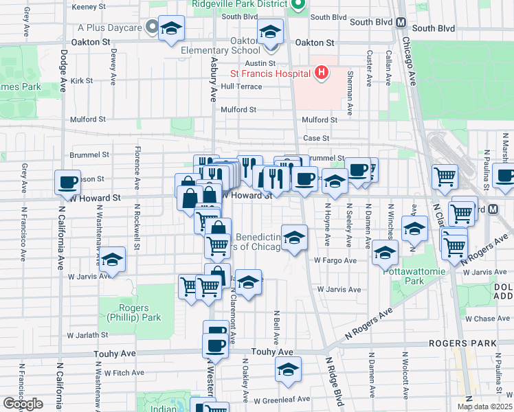 map of restaurants, bars, coffee shops, grocery stores, and more near 1600 Howard Street in Chicago