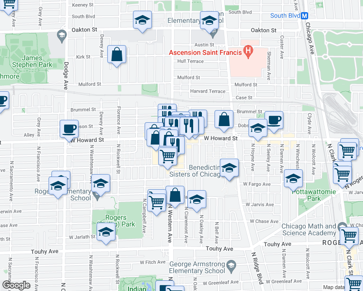 map of restaurants, bars, coffee shops, grocery stores, and more near in Evanston