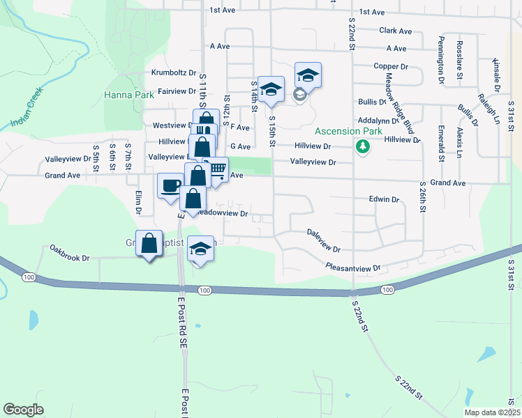 map of restaurants, bars, coffee shops, grocery stores, and more near 1485 Grand Avenue in Marion