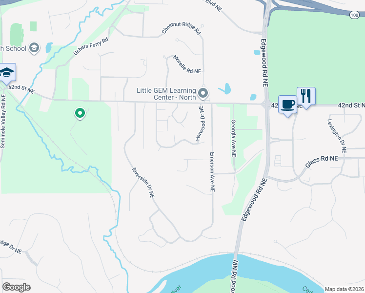 map of restaurants, bars, coffee shops, grocery stores, and more near 5002 North Willowbend Road Northeast in Cedar Rapids
