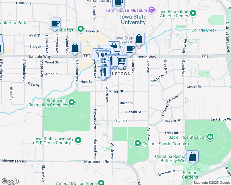 map of restaurants, bars, coffee shops, grocery stores, and more near 324 Welch Avenue in Ames
