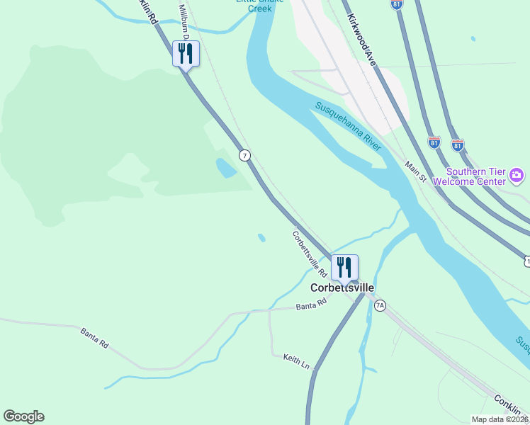 map of restaurants, bars, coffee shops, grocery stores, and more near Conklin Rd in Conklin
