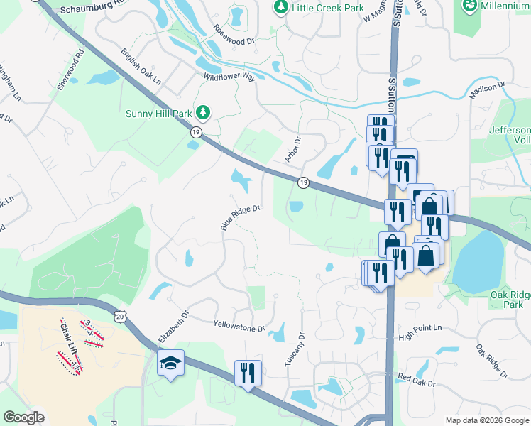 map of restaurants, bars, coffee shops, grocery stores, and more near 711 Blue Ridge Drive in Streamwood