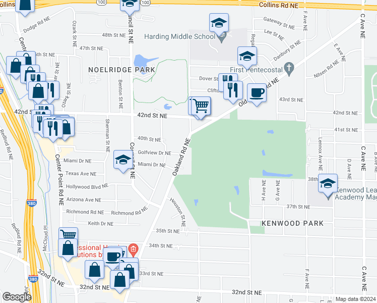 map of restaurants, bars, coffee shops, grocery stores, and more near 3864 Oakland Road Northeast in Cedar Rapids