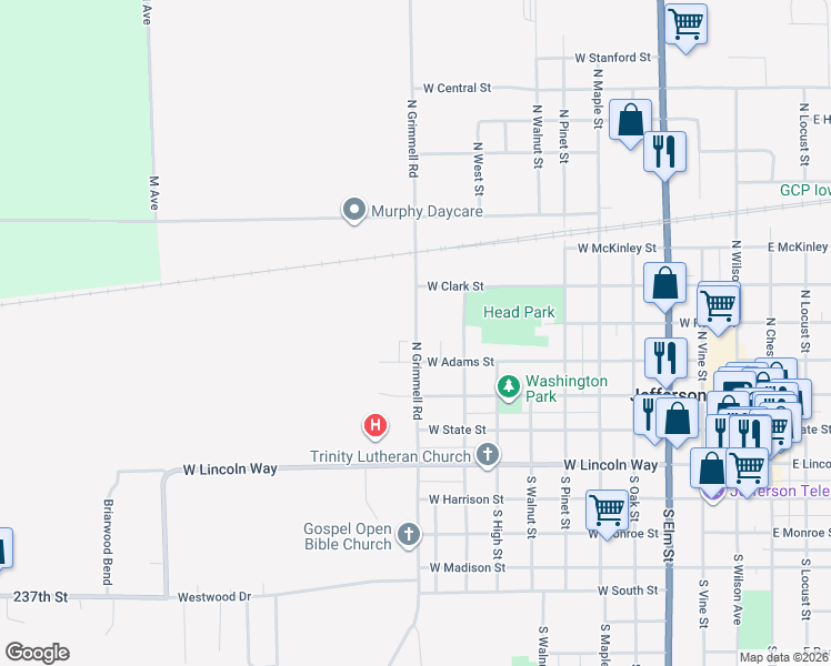 map of restaurants, bars, coffee shops, grocery stores, and more near 456 North Grimmell Road in Jefferson