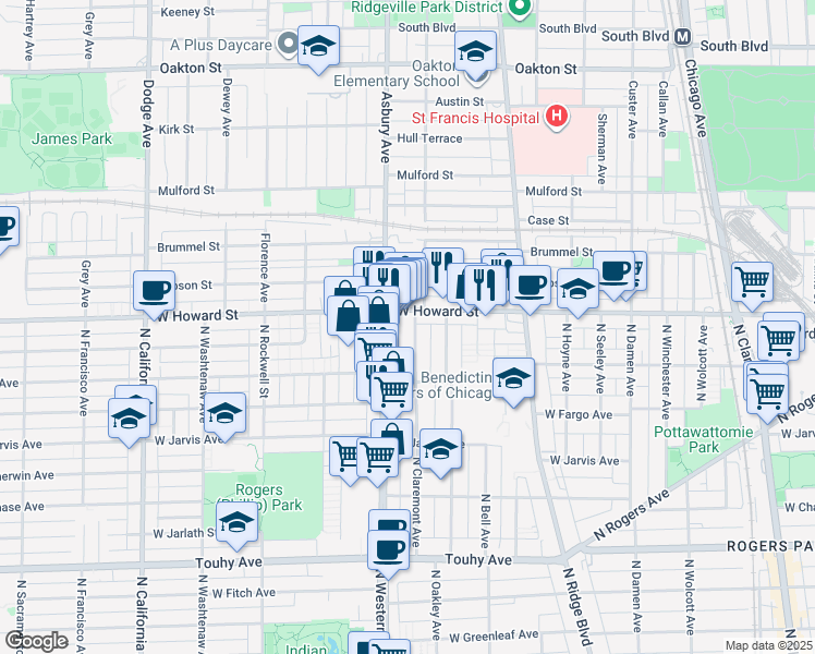 map of restaurants, bars, coffee shops, grocery stores, and more near in Evanston