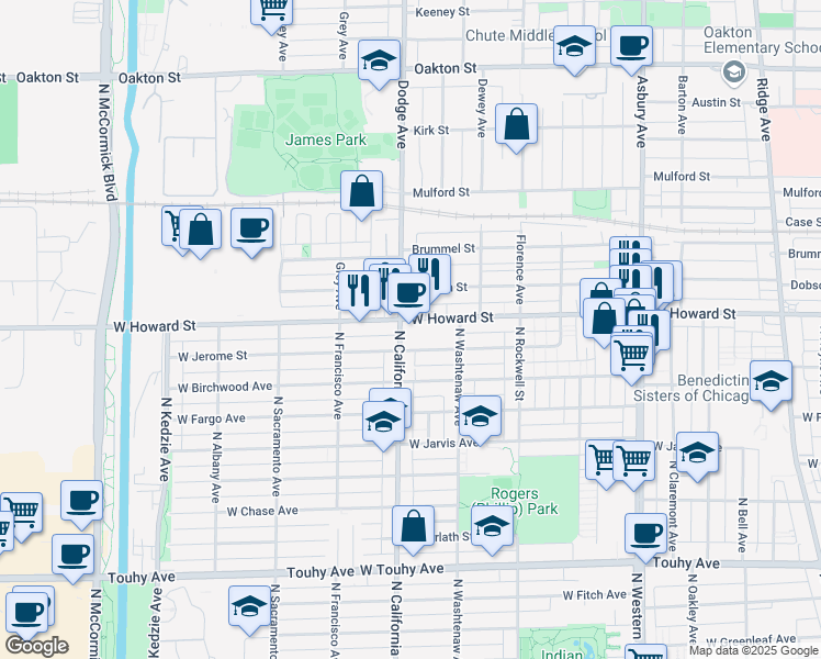 map of restaurants, bars, coffee shops, grocery stores, and more near 1819 West Howard Street in Evanston