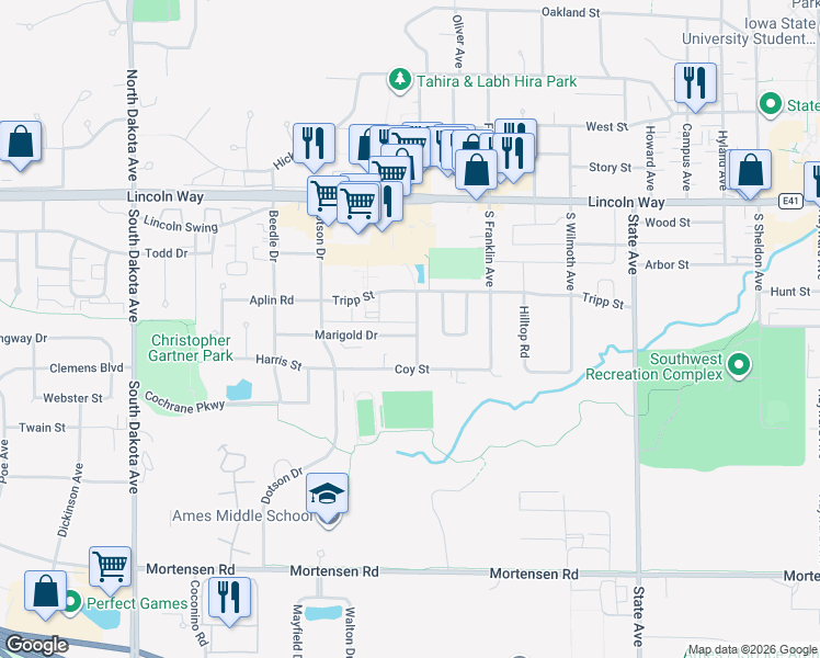 map of restaurants, bars, coffee shops, grocery stores, and more near 316 Sunflower Drive in Ames