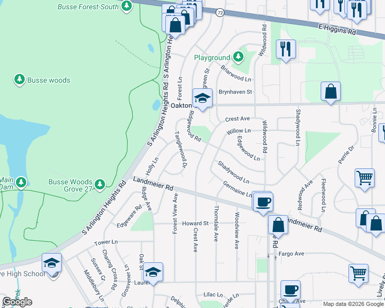 map of restaurants, bars, coffee shops, grocery stores, and more near 210 Greenbriar Street in Elk Grove Village