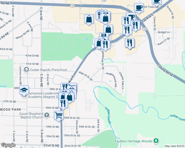map of restaurants, bars, coffee shops, grocery stores, and more near 4006 Westover Road Southeast in Cedar Rapids