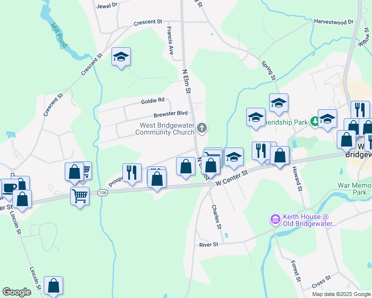 map of restaurants, bars, coffee shops, grocery stores, and more near 15 Prospect Street in West Bridgewater