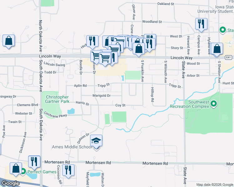 map of restaurants, bars, coffee shops, grocery stores, and more near 3726 Tripp Street in Ames