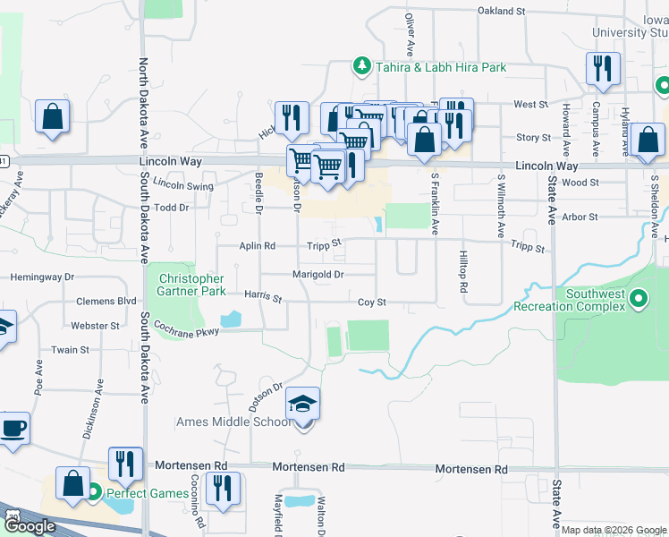 map of restaurants, bars, coffee shops, grocery stores, and more near 3726 Tripp Street in Ames