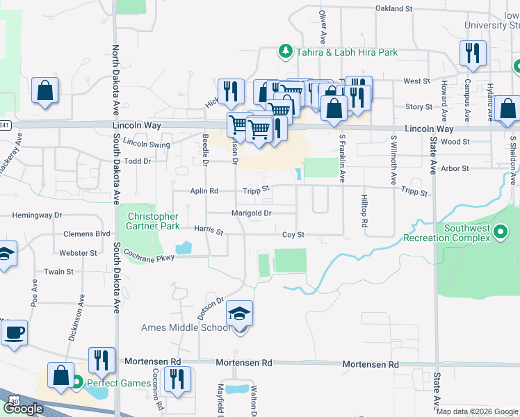 map of restaurants, bars, coffee shops, grocery stores, and more near 3910 Tripp Street in Ames