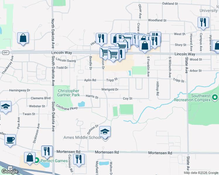 map of restaurants, bars, coffee shops, grocery stores, and more near 3910 Tripp Street in Ames