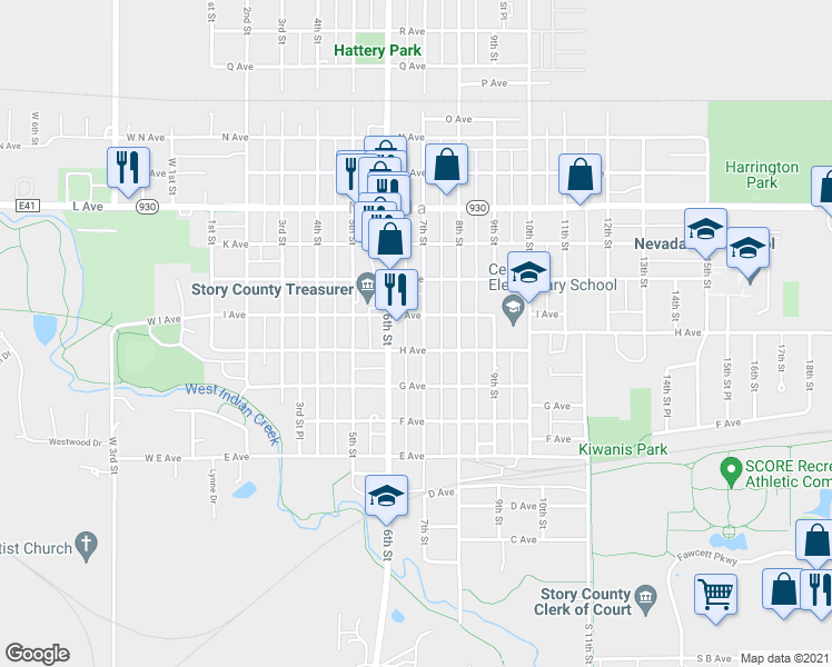 map of restaurants, bars, coffee shops, grocery stores, and more near 818 7th Street in Nevada