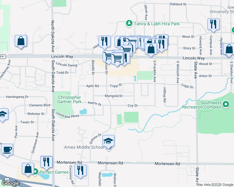 map of restaurants, bars, coffee shops, grocery stores, and more near 3910 Tripp Street in Ames