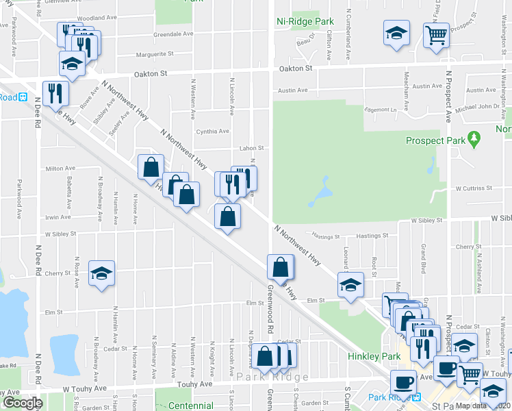 map of restaurants, bars, coffee shops, grocery stores, and more near 645 North Delphia Avenue in Park Ridge