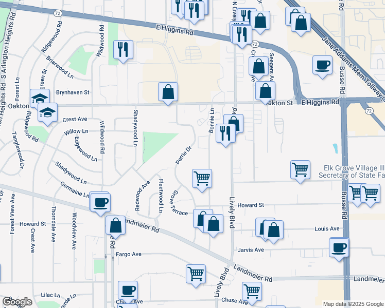 map of restaurants, bars, coffee shops, grocery stores, and more near 480 Bonnie Lane in Elk Grove Village