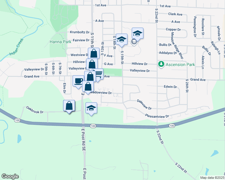 map of restaurants, bars, coffee shops, grocery stores, and more near 1485 Grand Avenue in Marion
