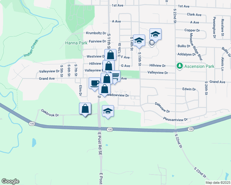 map of restaurants, bars, coffee shops, grocery stores, and more near 1175 Grand Avenue in Marion