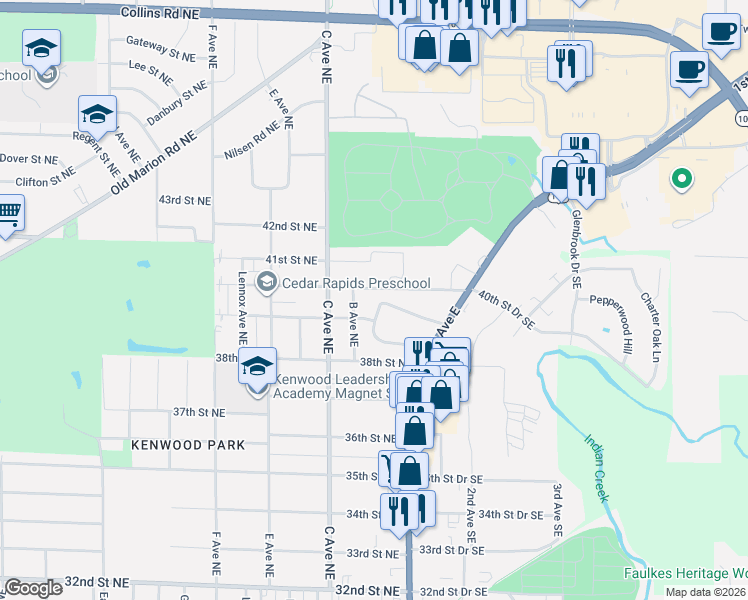 map of restaurants, bars, coffee shops, grocery stores, and more near 248 40th Street Northeast in Cedar Rapids
