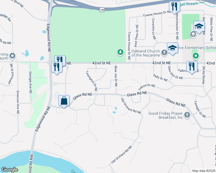 map of restaurants, bars, coffee shops, grocery stores, and more near 3620 Foxborough Terrace Northeast in Cedar Rapids