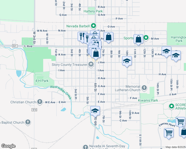 map of restaurants, bars, coffee shops, grocery stores, and more near 508 I Avenue in Nevada