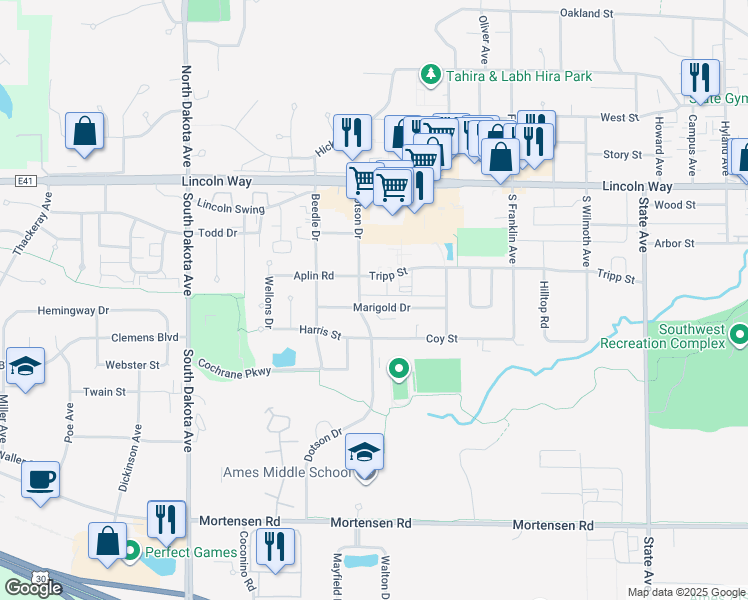 map of restaurants, bars, coffee shops, grocery stores, and more near 3910 Tripp Street in Ames