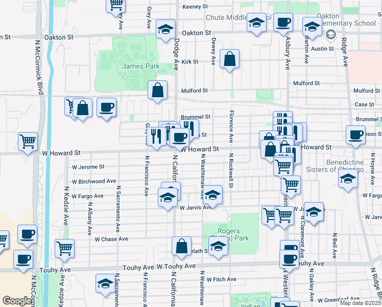 map of restaurants, bars, coffee shops, grocery stores, and more near 1819 West Howard Street in Evanston
