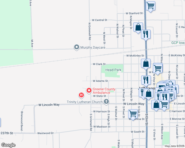 map of restaurants, bars, coffee shops, grocery stores, and more near 456-598 North Grimmell Road in Jefferson