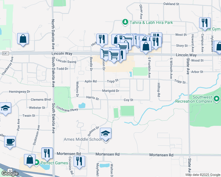 map of restaurants, bars, coffee shops, grocery stores, and more near 3910 Tripp Street in Ames