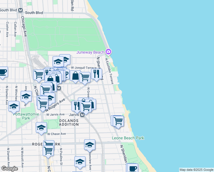 map of restaurants, bars, coffee shops, grocery stores, and more near 7531 North Sheridan Road in Chicago