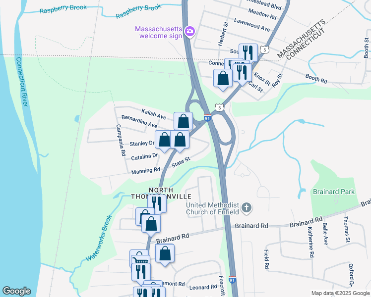 map of restaurants, bars, coffee shops, grocery stores, and more near 193 Enfield Street in Enfield