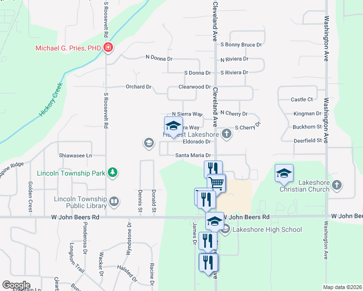 map of restaurants, bars, coffee shops, grocery stores, and more near 1805 Eldorado Drive in Stevensville