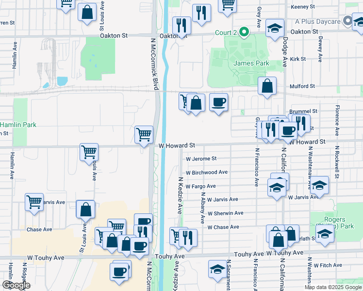 map of restaurants, bars, coffee shops, grocery stores, and more near 12873 North Kedzie Avenue in Chicago