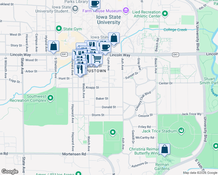 map of restaurants, bars, coffee shops, grocery stores, and more near Lynn Avenue & Knapp Street in Ames