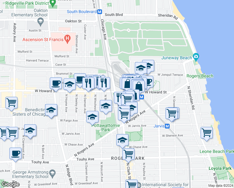 map of restaurants, bars, coffee shops, grocery stores, and more near in Evanston