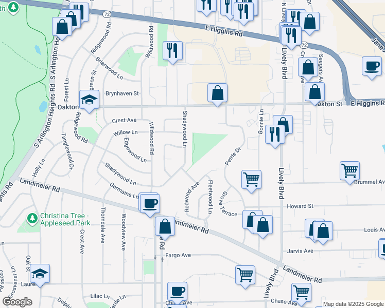 map of restaurants, bars, coffee shops, grocery stores, and more near Udall Park Trail in Elk Grove Village