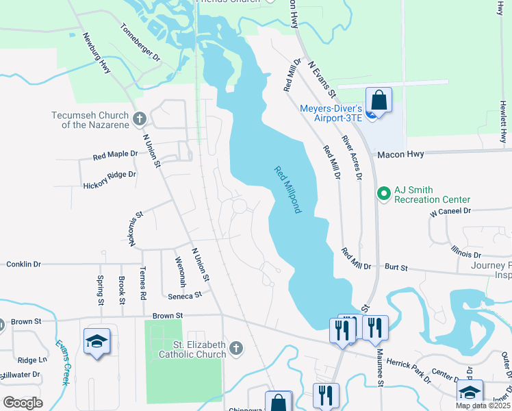 map of restaurants, bars, coffee shops, grocery stores, and more near Eagle View Point in Tecumseh