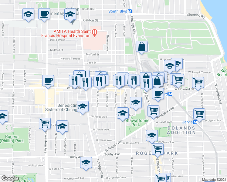 map of restaurants, bars, coffee shops, grocery stores, and more near 711 West Howard Street in Evanston