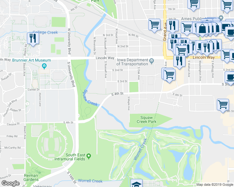 map of restaurants, bars, coffee shops, grocery stores, and more near 1214 South 4th Street in Ames