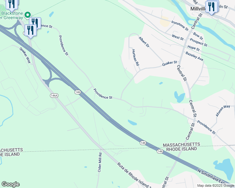 map of restaurants, bars, coffee shops, grocery stores, and more near 14 Quaker Street in Uxbridge