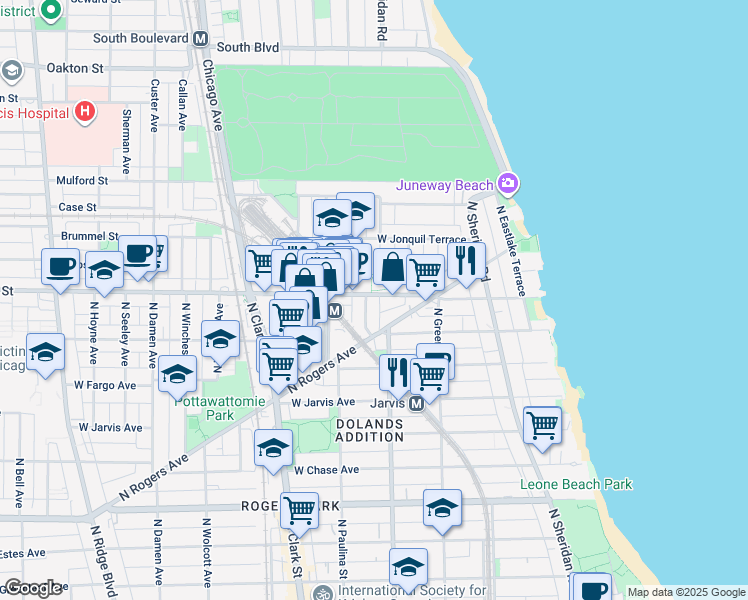 map of restaurants, bars, coffee shops, grocery stores, and more near 1550 West Howard Street in Chicago