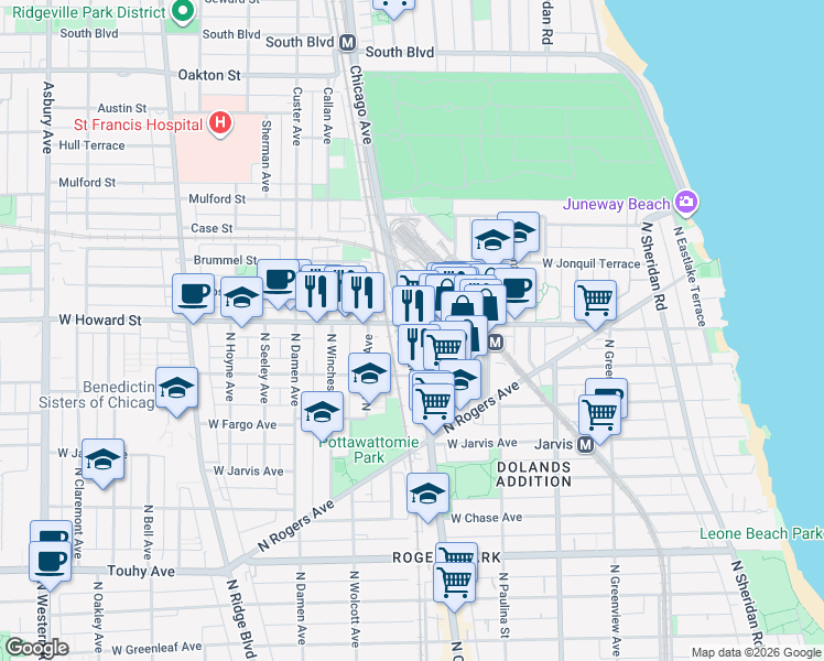 map of restaurants, bars, coffee shops, grocery stores, and more near in Evanston