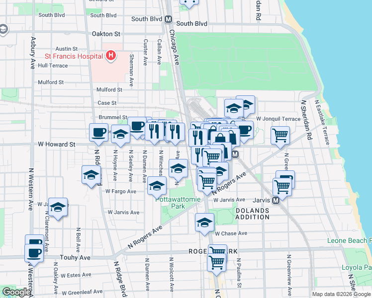 map of restaurants, bars, coffee shops, grocery stores, and more near  in Evanston
