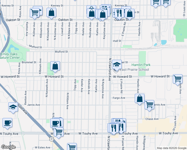 map of restaurants, bars, coffee shops, grocery stores, and more near 7618 Kedvale Avenue in Skokie
