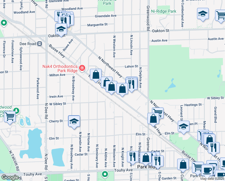 map of restaurants, bars, coffee shops, grocery stores, and more near 702 North Western Avenue in Park Ridge